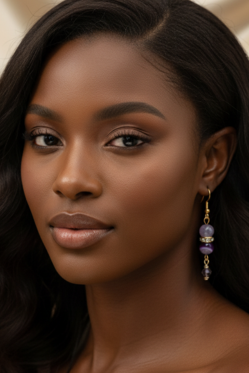 Amethyst Drop Earrings - Gold on Black Model