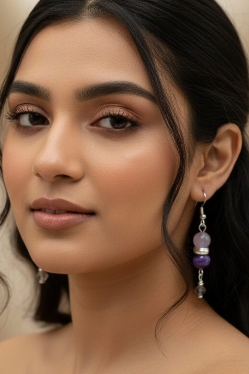 Amethyst Drop Earrings - Silver on Indian Model