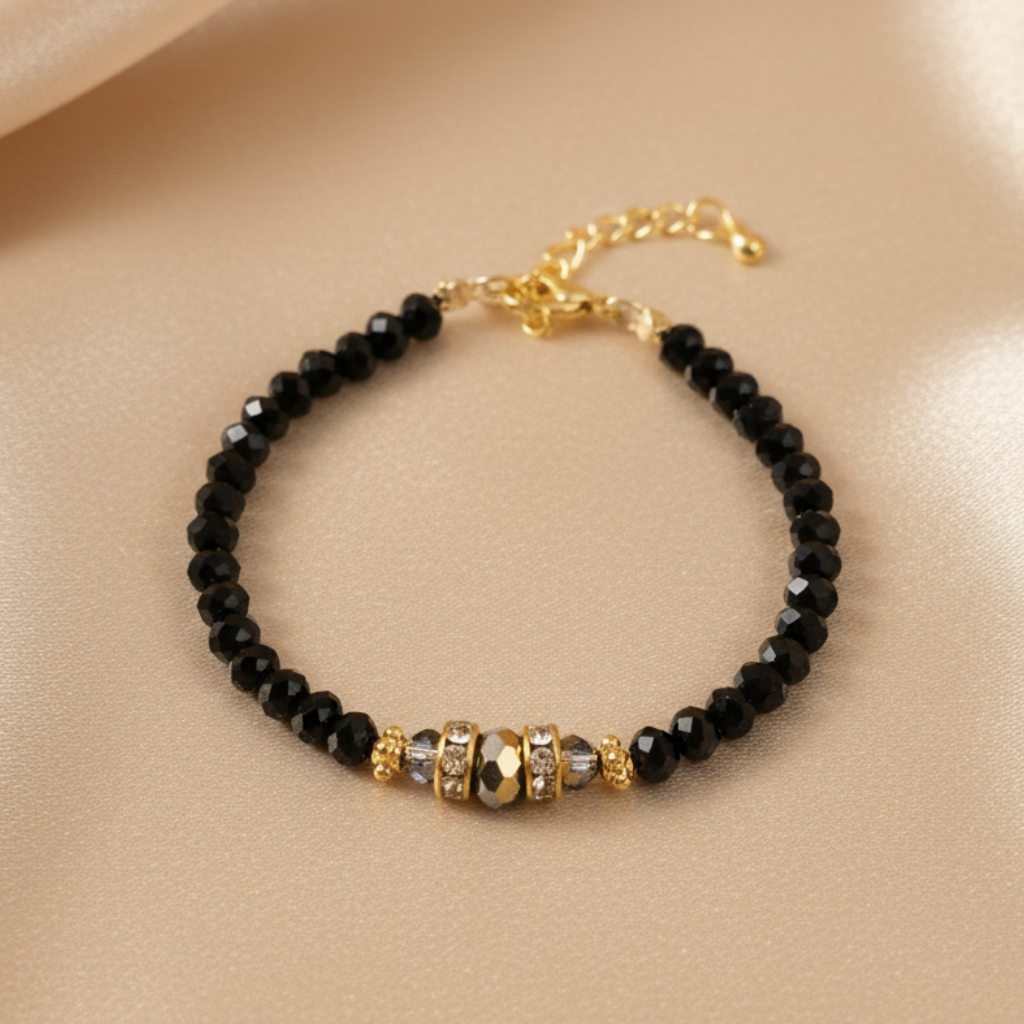 Black Crystal Bracelet on Cream Silk