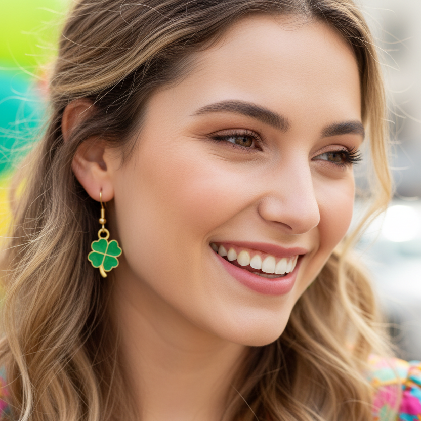Clover earrings on young model in playful setting