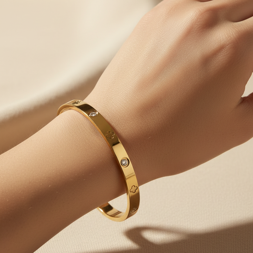 Clover Gold Bangle - On Model's Hand