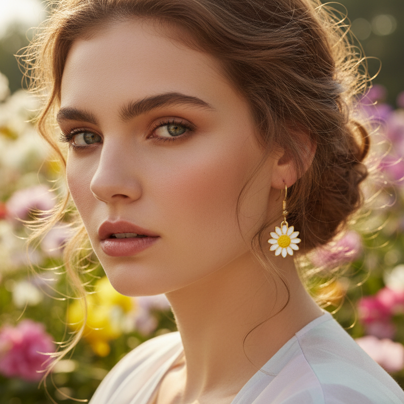 Daisy Earrings on Model in Flower Garden