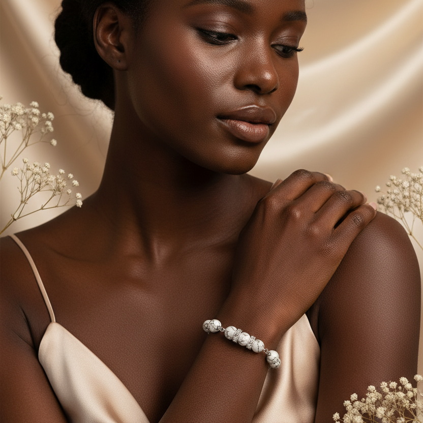 Dark-skinned model wearing marble bead bracelet
