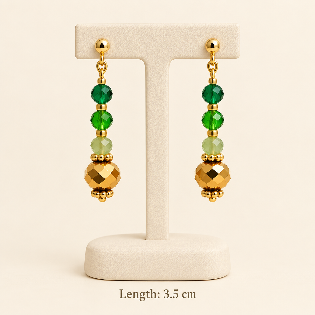 Earrings on a holder with a Length: 3.5 cm label