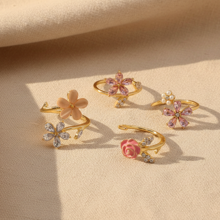 Flower Ring Collection - Lifestyle Beige Background