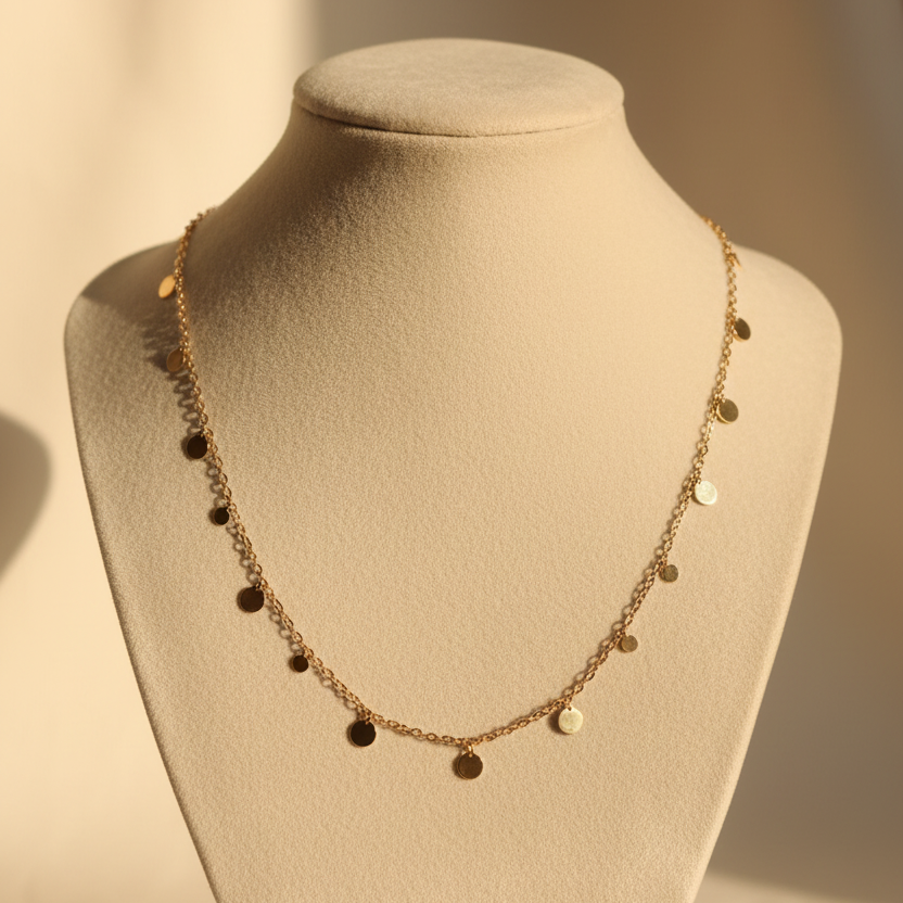 Gold Disc Charm Necklace on Light Ivory Mannequin