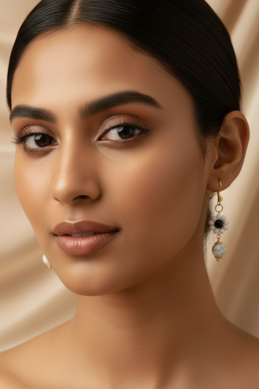 Howlite Bloom Earrings - Gold Indian Model Full Face