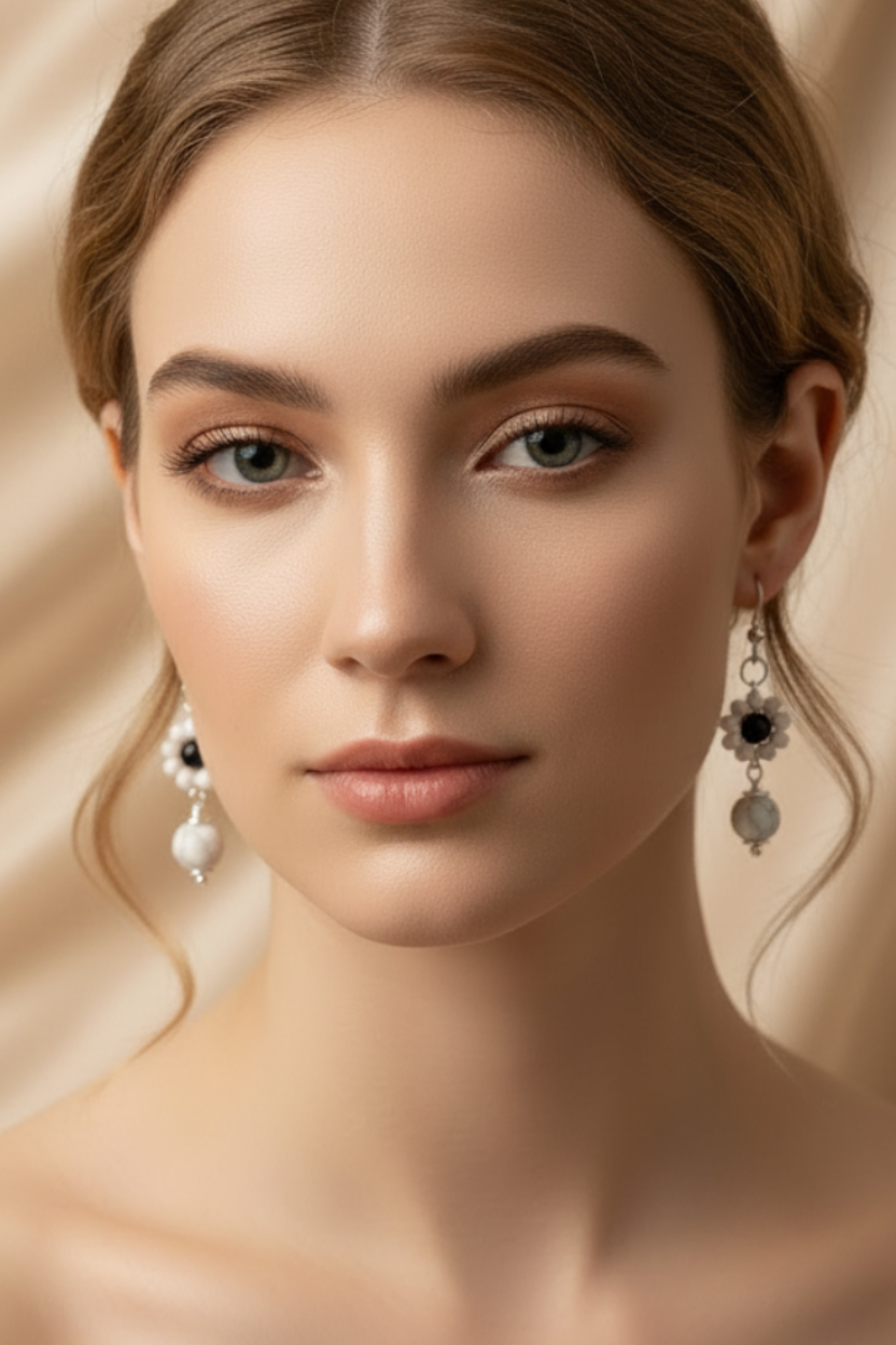 Howlite Bloom Earrings - Silver Model Full Face