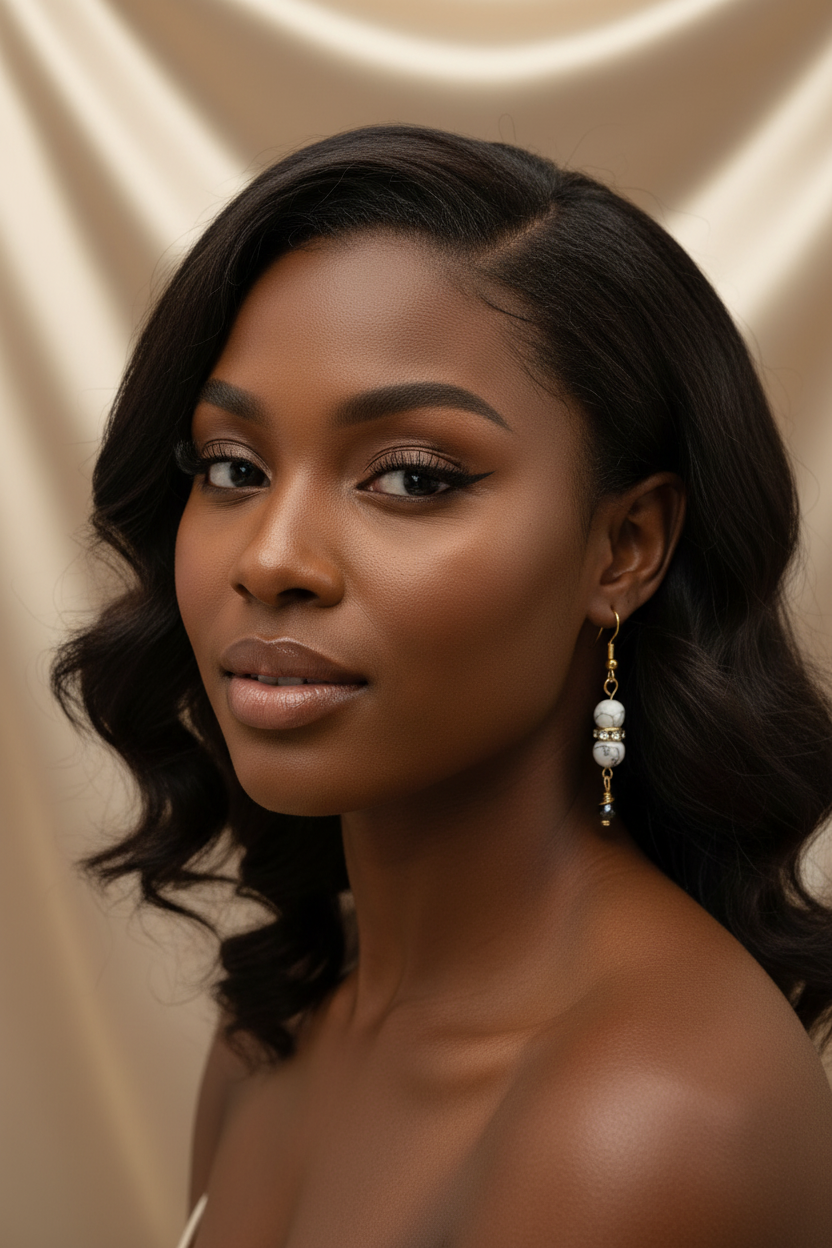 Howlite Drop Earrings - Gold on Black Model