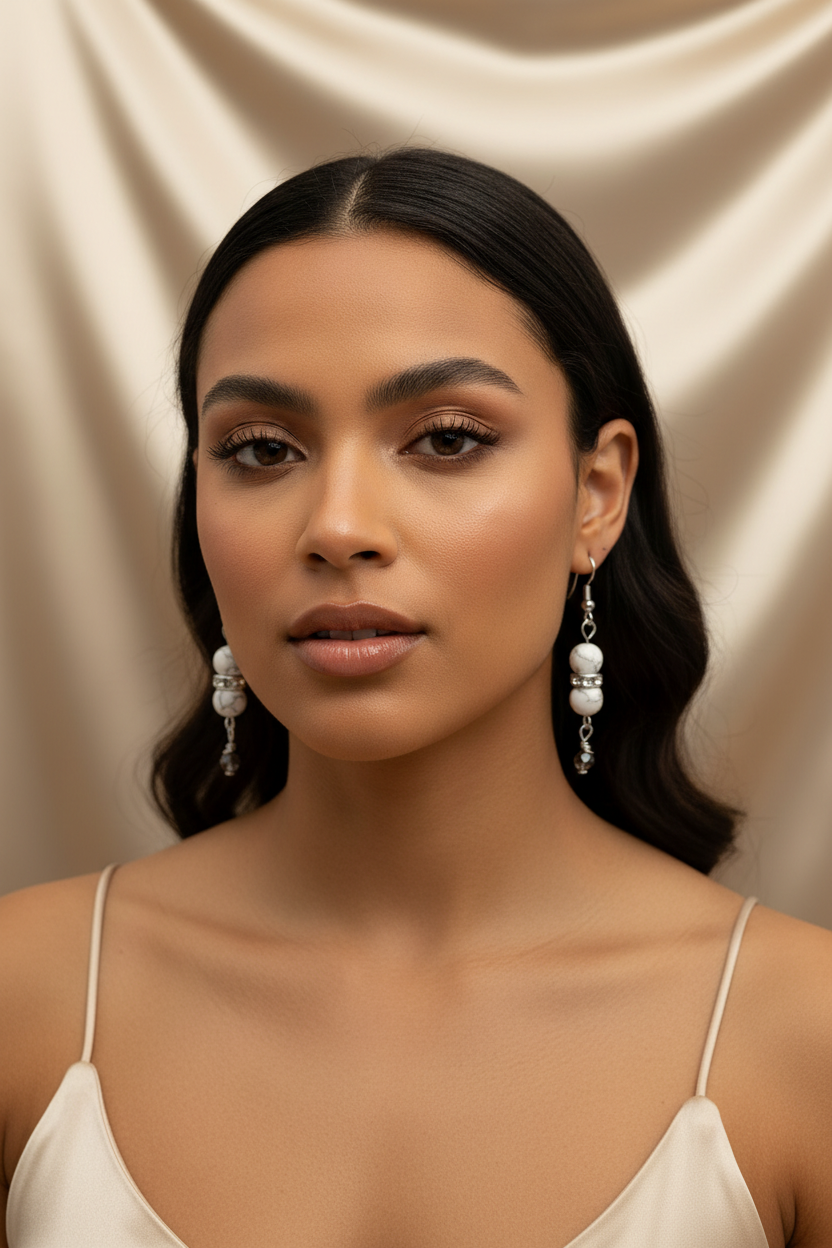 Howlite Drop Earrings - Silver on Latina Model