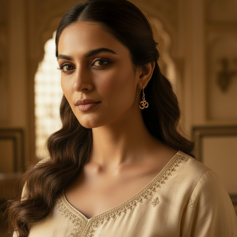 Om Earrings - Smaller Charms on Indian Model at Temple