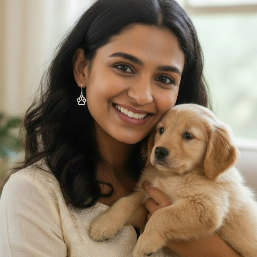 Paw Print Earrings - Slightly Bigger on Indian Model with Puppy