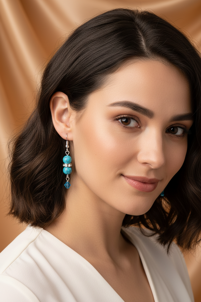 Turquoise Earrings on Model - Silver